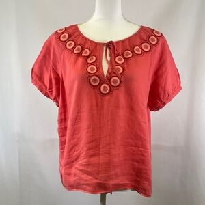 J. Crew Vintage Closet Coral Pink 100% Linen Embroidered Peasant Blouse Size 8